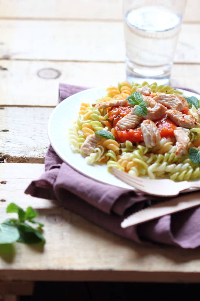 SZ-fusillini-tricolore-sauce-tomate-panais-menthe-et-émincé-de-dinde-3 - Emincé de dinde sur Fusillini et tagliatelles de panais, sauce tomate au basilic