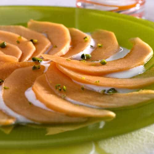 carpaccio de melon yaourt miel pistache