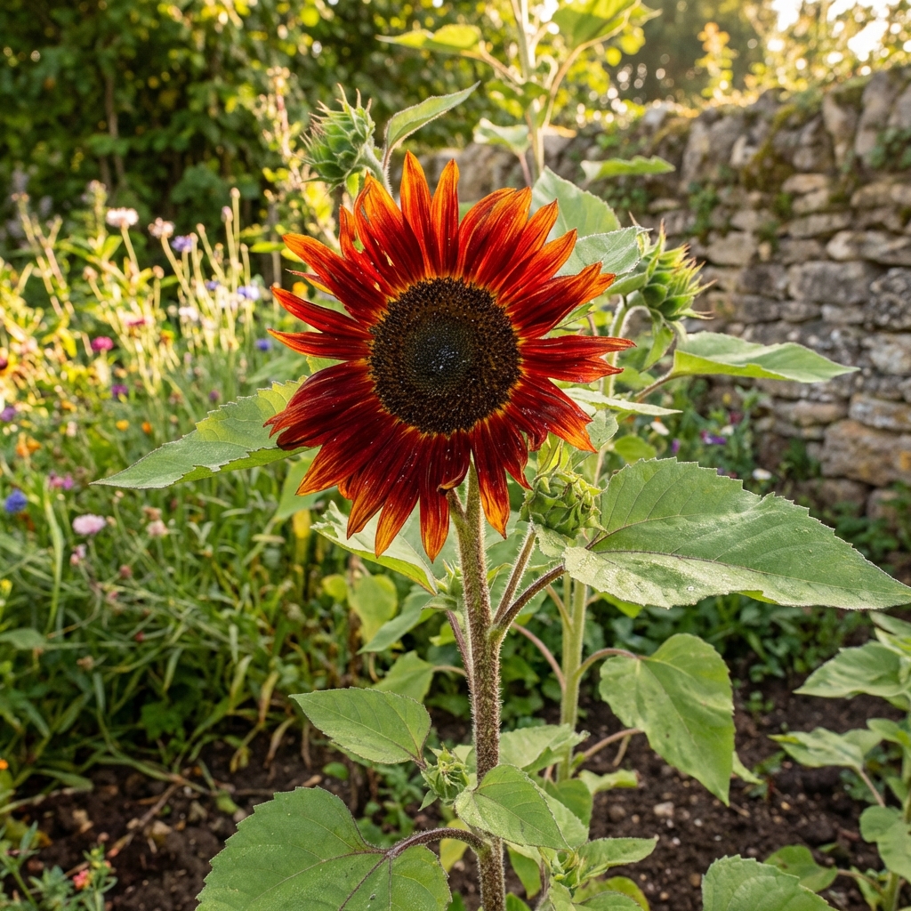 Paquet de 50 graines de Tournesol Rouge avec illustration du fleur et informations de culture