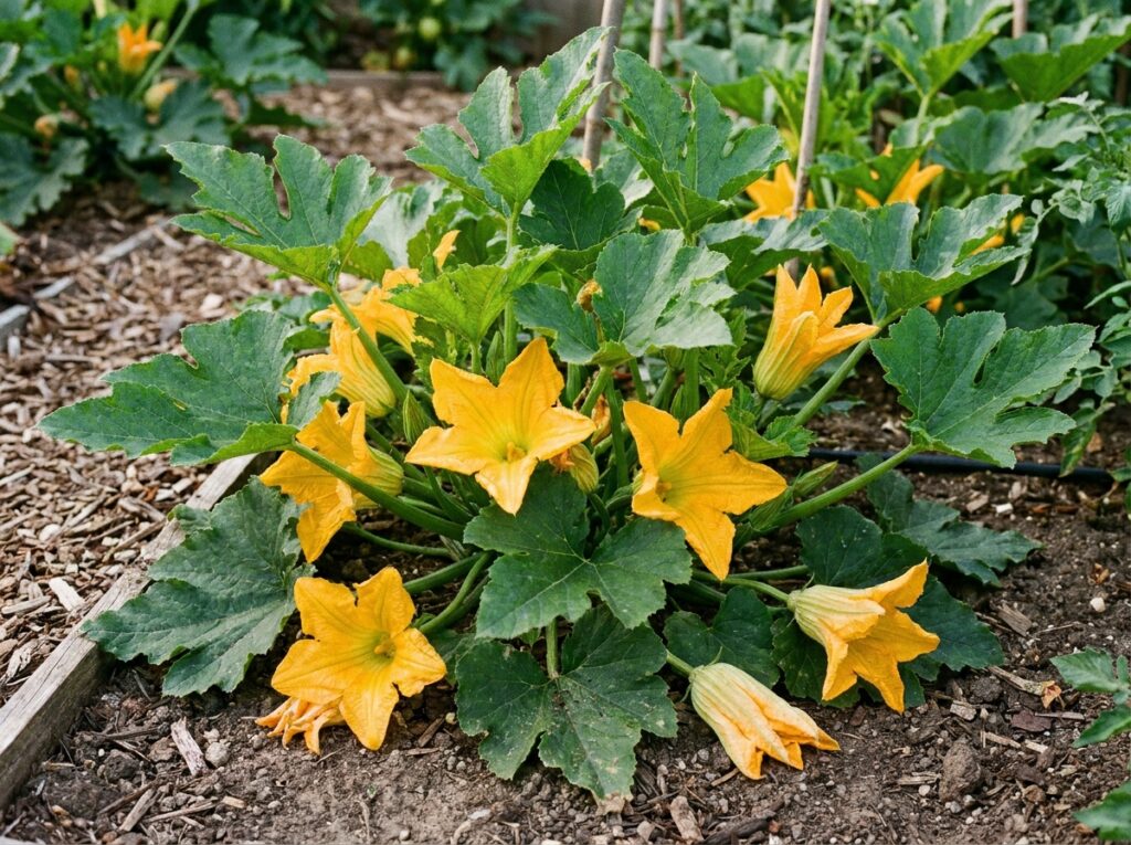 Plant de courgette avec fleurs mâles abondantes mais aucun fruit en formation visible