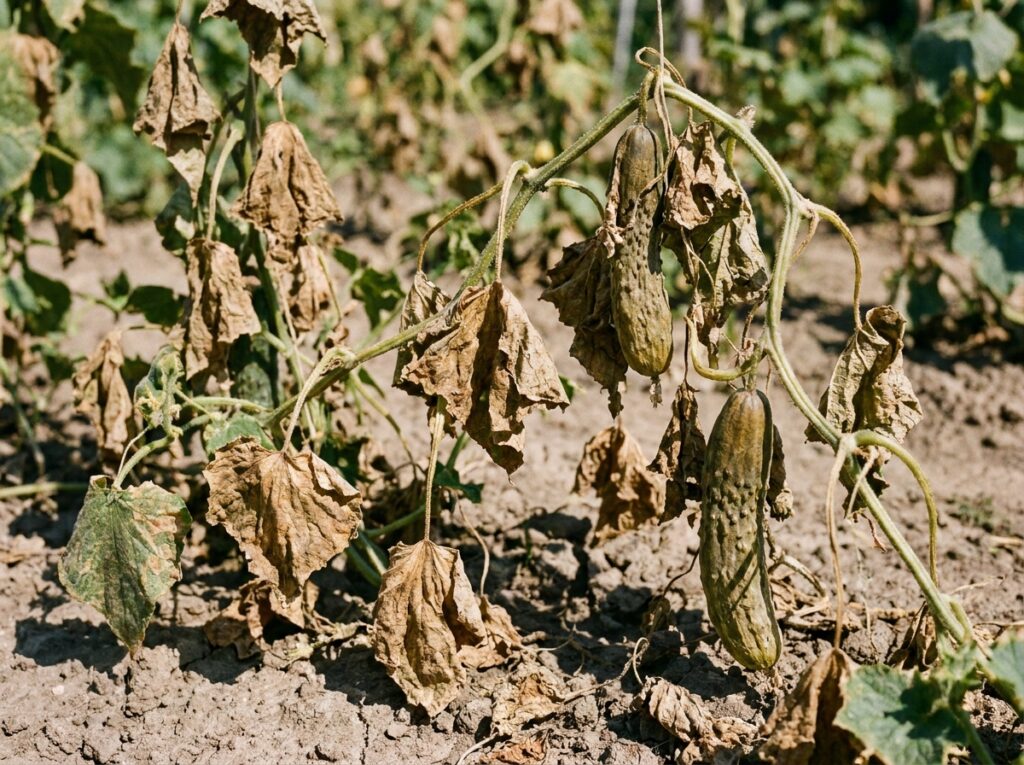 Plant de concombre avec feuilles flétries et tiges molles sous forte chaleur estivale