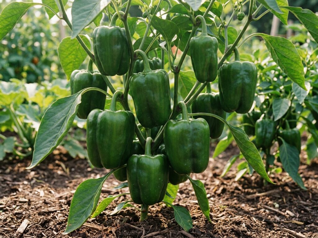 Grappes de poivrons verts sur plant en plein été sans aucun signe de coloration rouge
