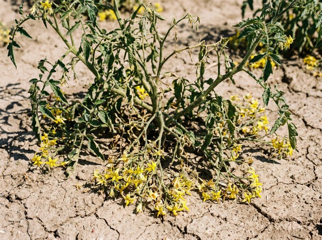 Plant de tomates avec fleurs tombées au sol et fruits absents en pleine chaleur estivale