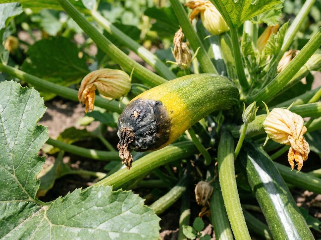 Extrémité d'une courgette noircie et pourrie encore attachée au plant en été