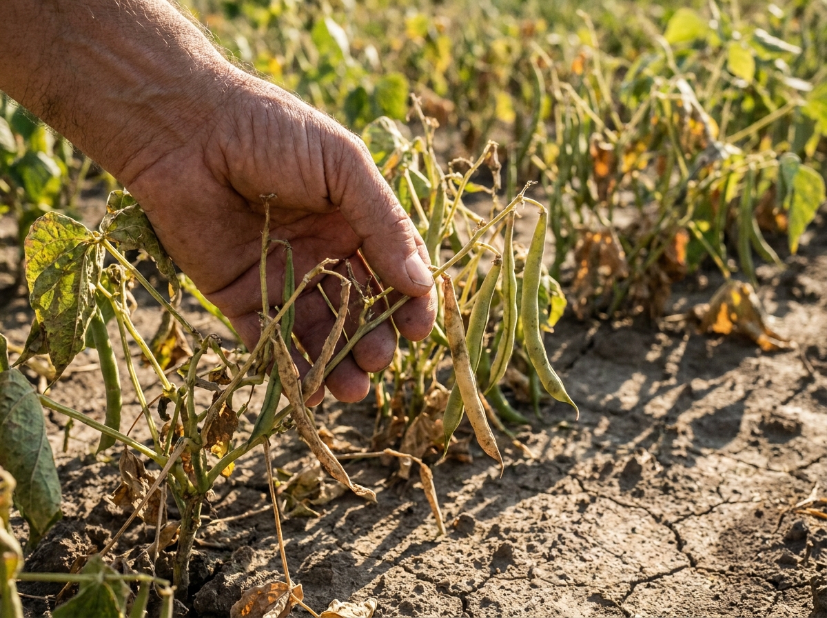 Main vérifiant les tiges sèches d'un pied de haricot vert au potager en été