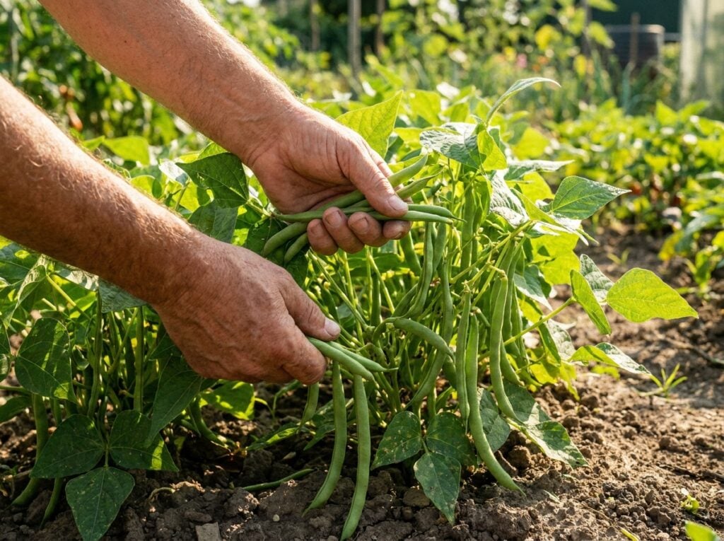 Mains récoltant des haricots verts mûrs sur un plant en plein soleil d'été au potager