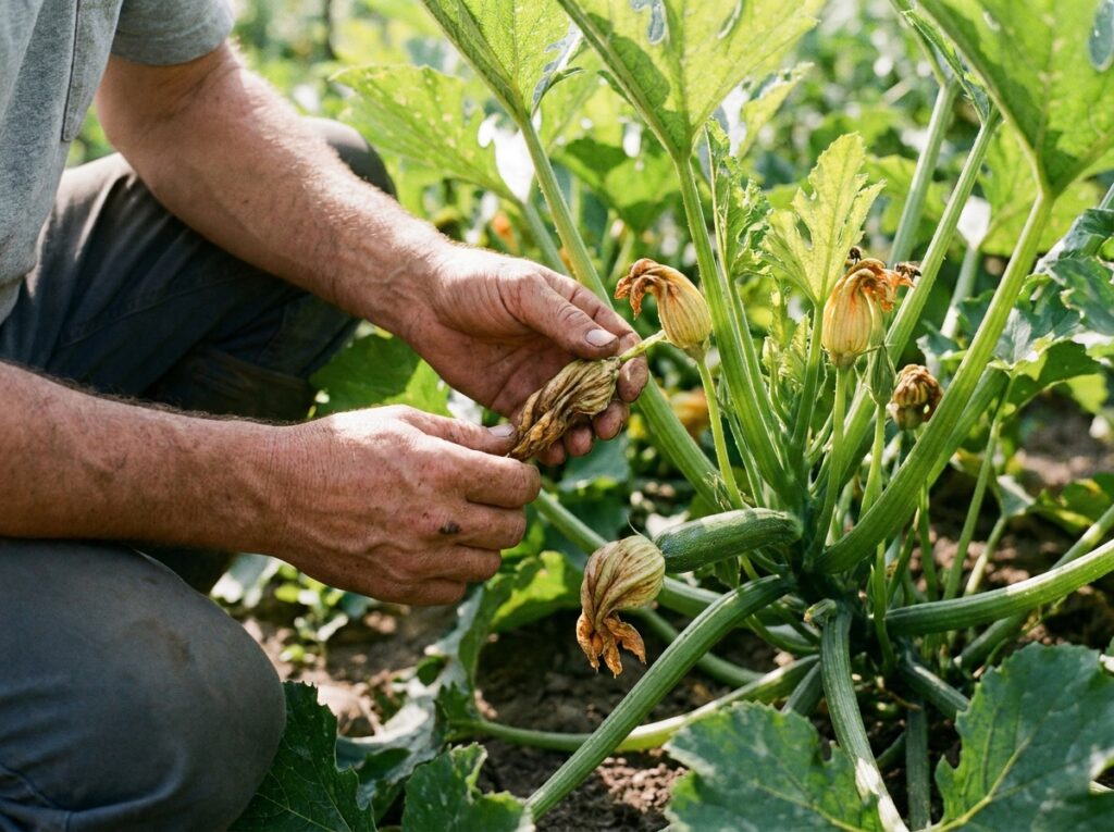 Jardinier examinant des fleurs de courgette fanées sur plant en plein été au potager