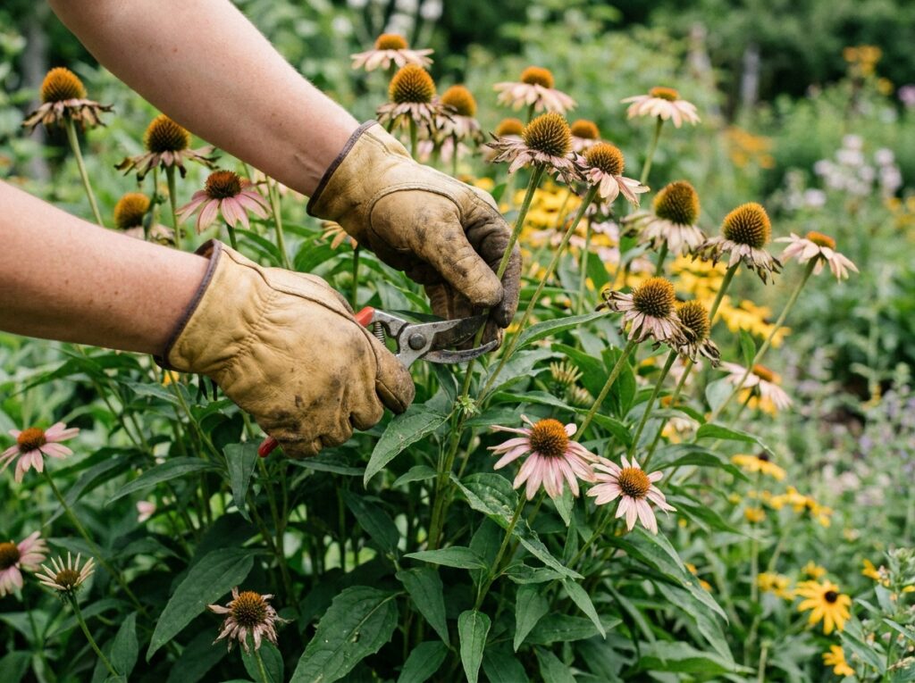 Jardinier qui coupe les fleurs fanées d'une vivace en plein été au jardin
