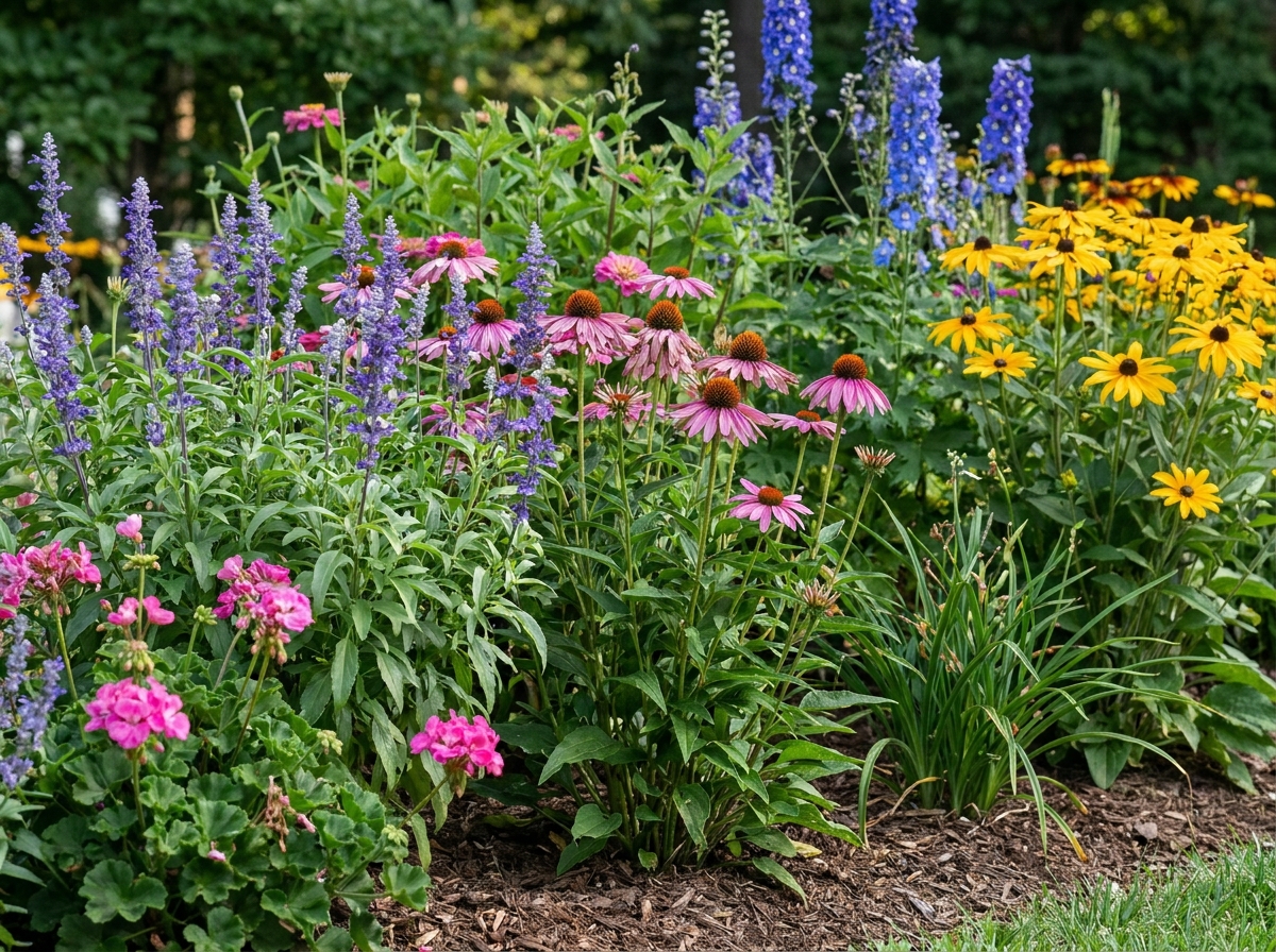 Massif de vivaces en fleurs après une taille de nettoyage estivale
