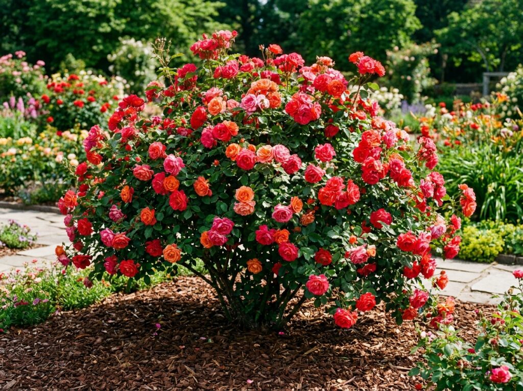 Rosier buissonnant en pleine floraison estivale avec paillage brun au pied, jardin ensoleillé aux couleurs vives