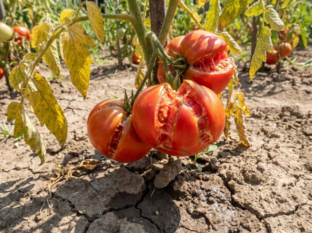 Jardinier arrosant le pied d'un plant de tomates par forte chaleur estivale