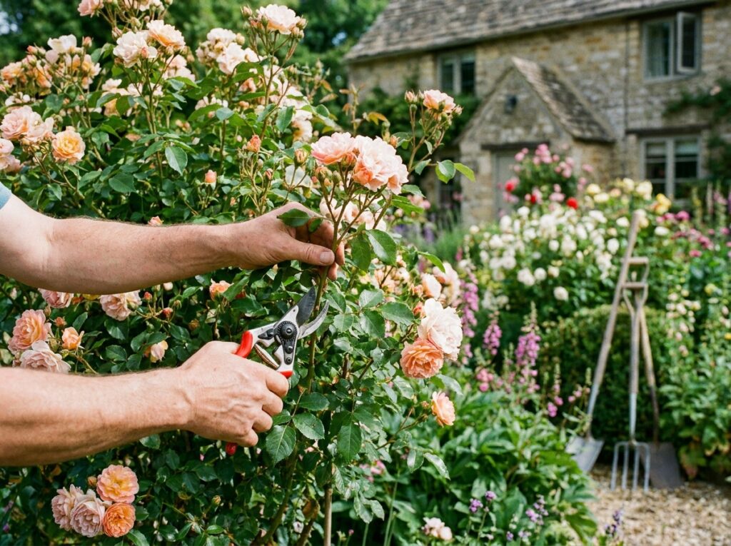 Jardinier taillant un arbuste fleuri en été avec un sécateur propre et bien affûté