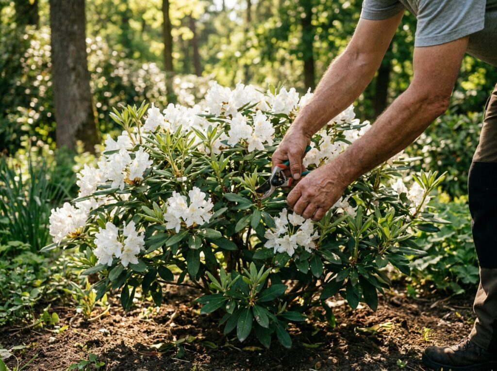 Jardinier taillant un arbuste persistant en fleurs avec un sécateur en été au jardin