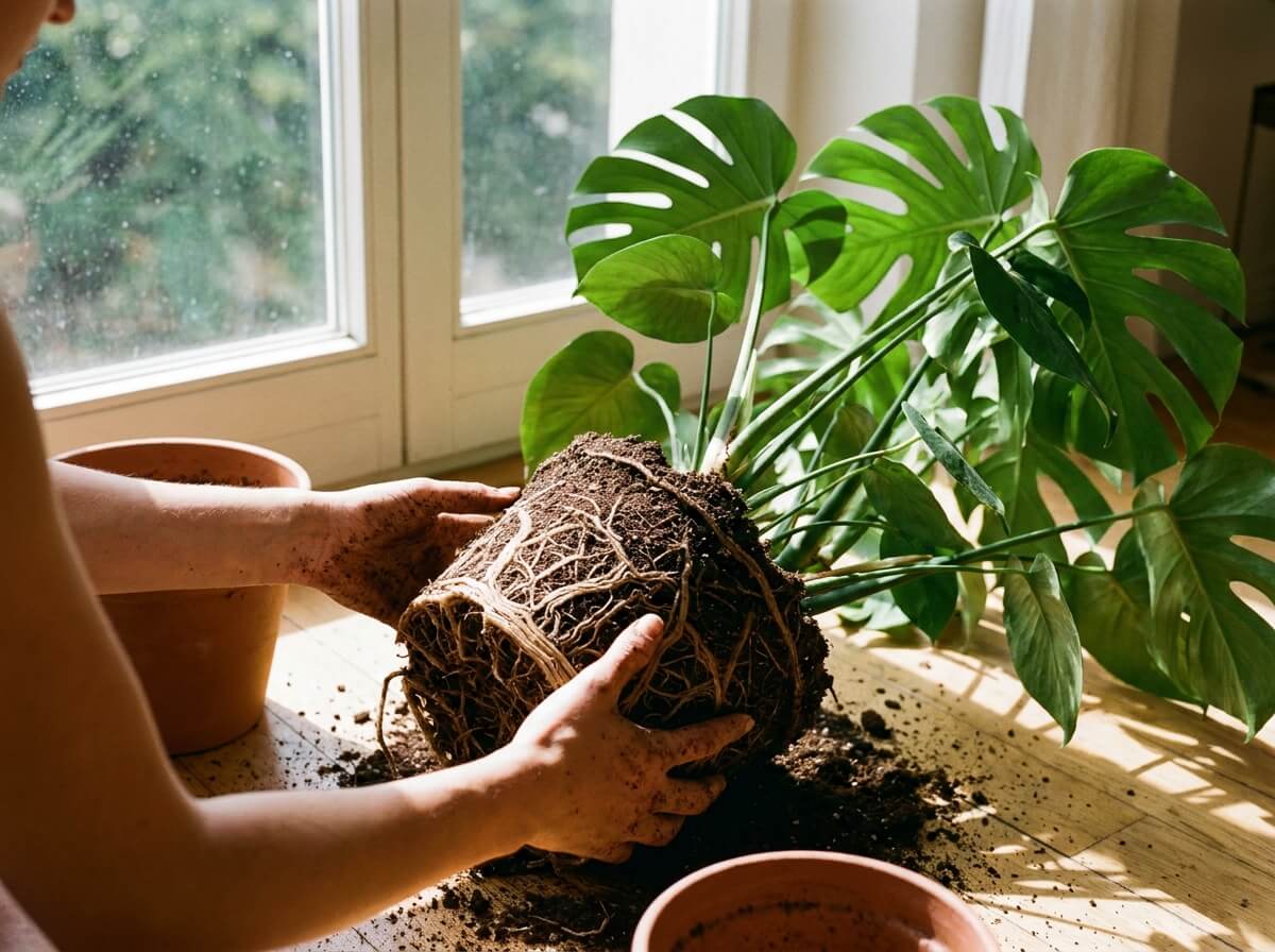 Mains vérifiant les racines d'un monstera lors d'un rempotage estival en appartement