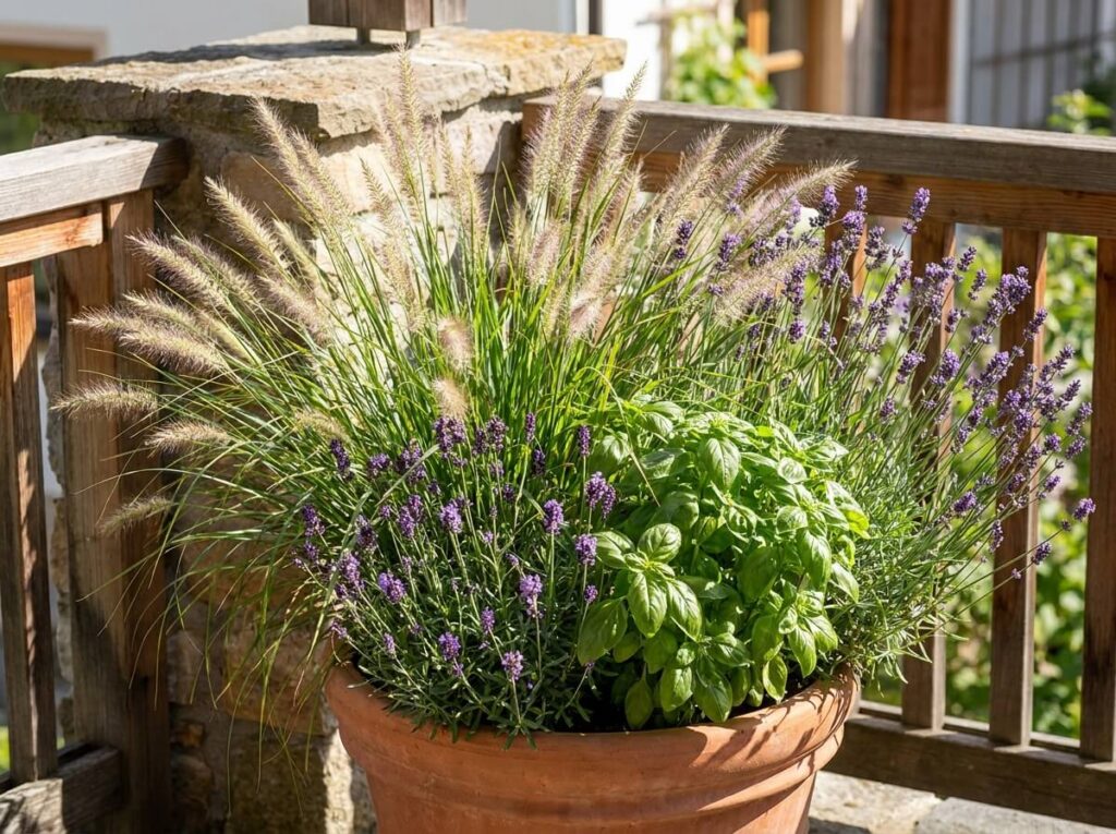 Pot de citronnelle en fleurs sur un balcon ensoleillé entouré de lavande et de basilic vert vif aux feuilles brillantes