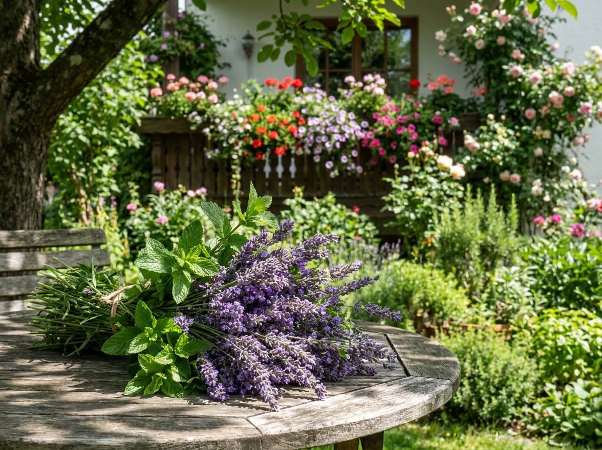 Bouquet de lavande fraîche et feuilles de menthe posés sur une table de jardin en bois à l'ombre