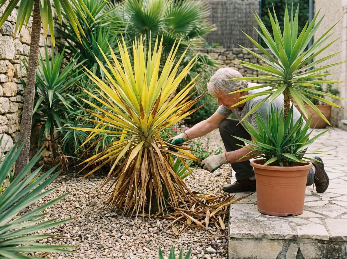 Jardinier retirant les feuilles sèches d'un yucca planté en pleine terre
