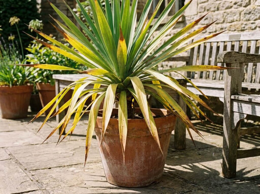 Yucca aux feuilles jaunissantes en pot sur terrasse ensoleillée en été