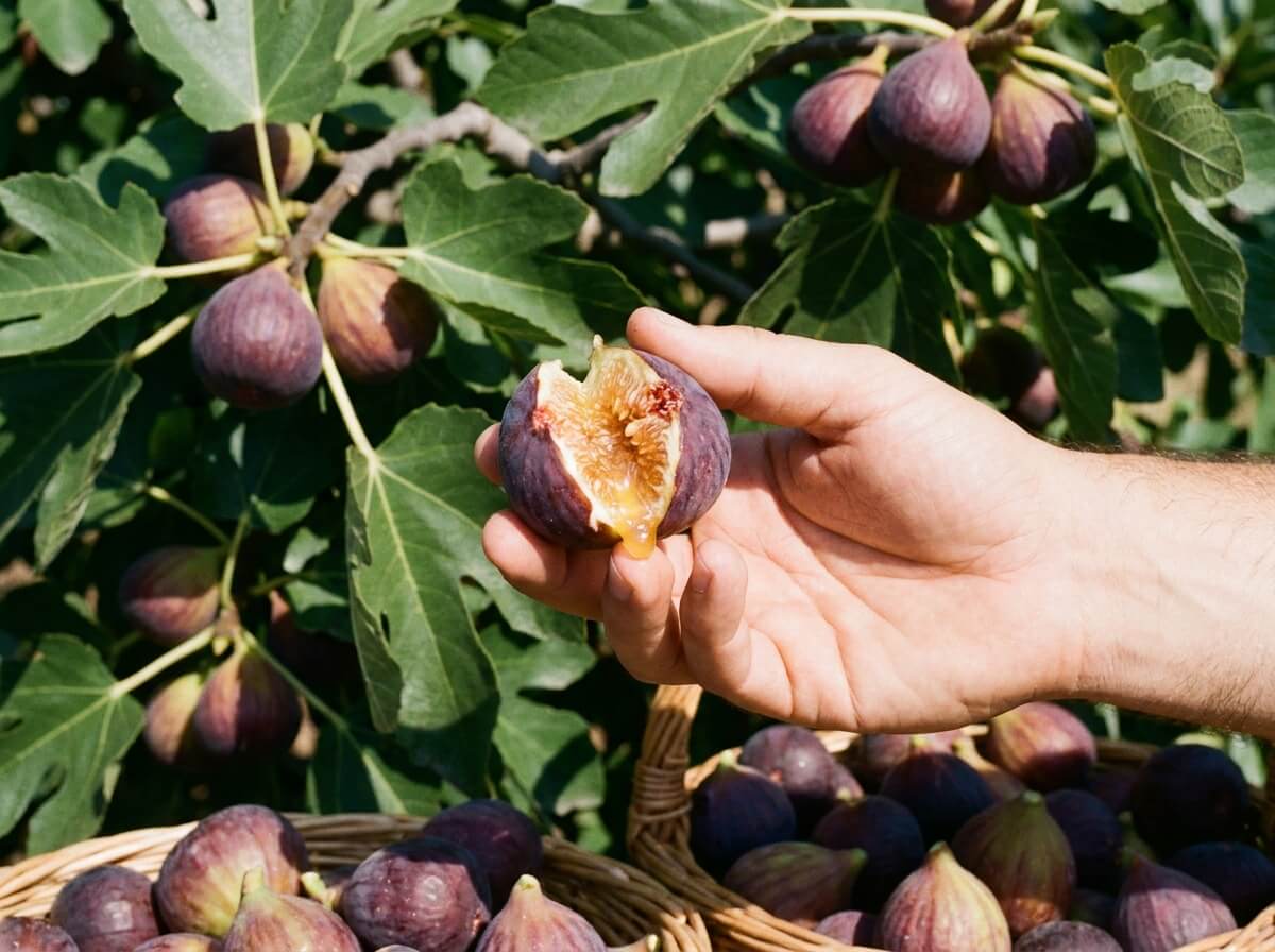 Branche de figuier chargée de figues mûres et sucrées prêtes à être cueillies en été
