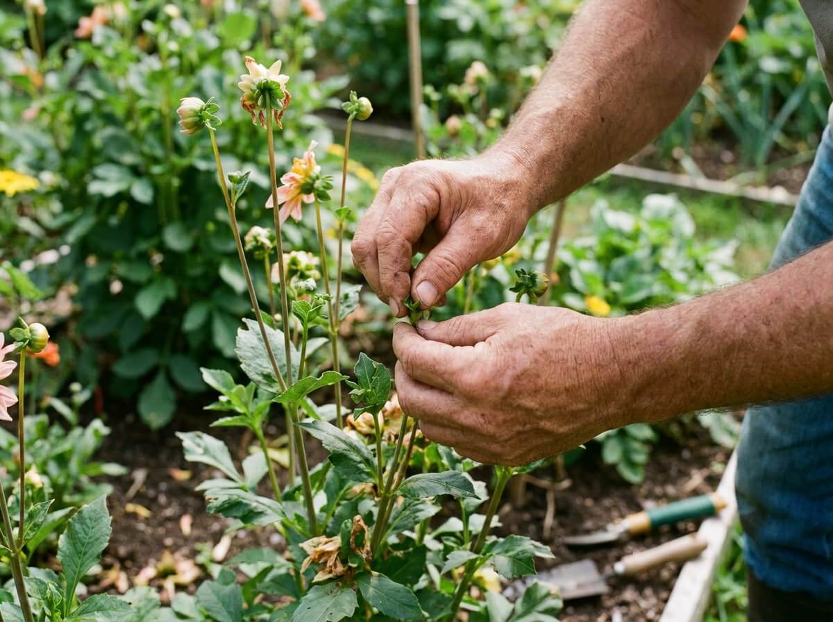 Jardinier pinçant les tiges d'un dahlia pour stimuler la floraison