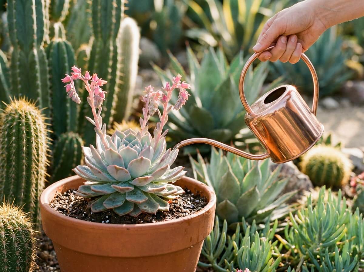 Main arrosant délicatement une succulente en pot avec un arrosoir fin au pied de la plante