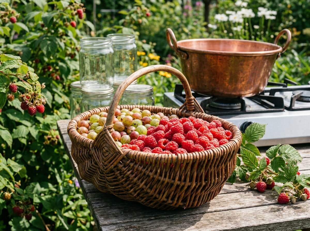 Framboises et groseilles fraîches dans un panier en osier prêtes à être transformées en confiture