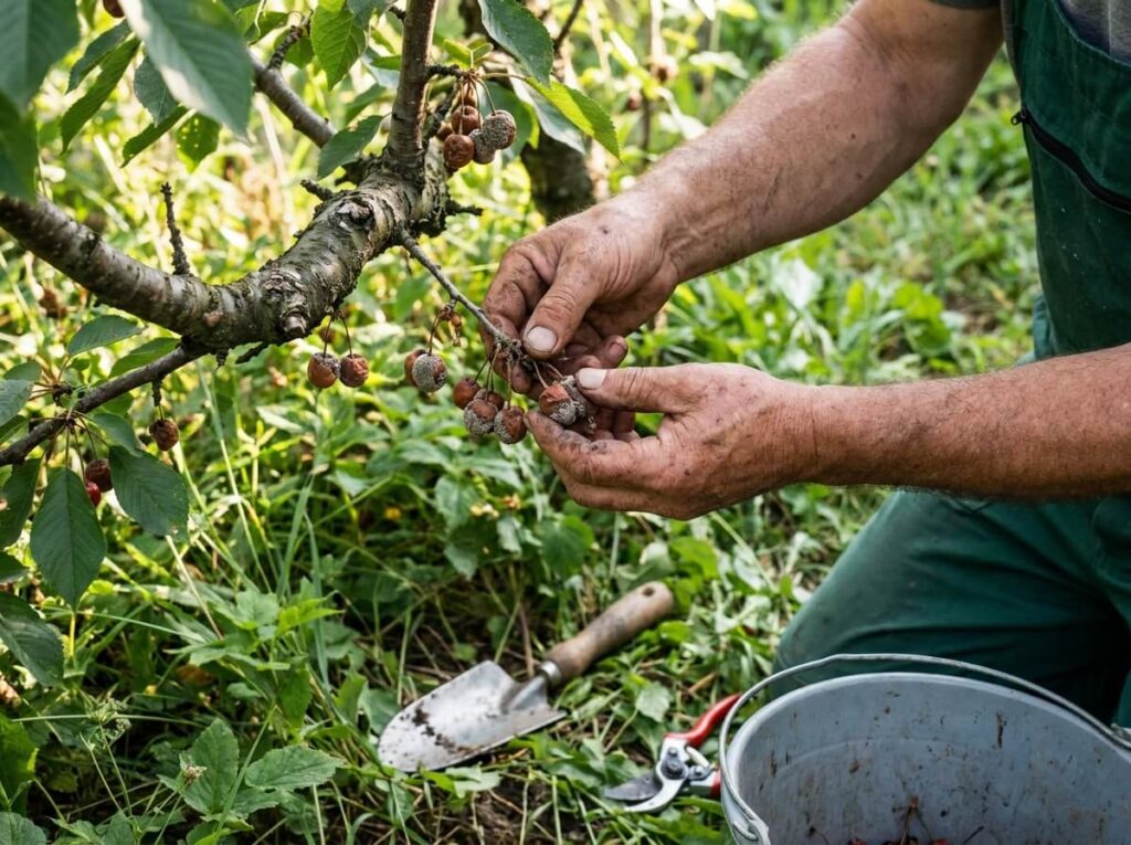 Jardinier retirant des fruits brunis et pourris accrochés à une branche de cerisier en été