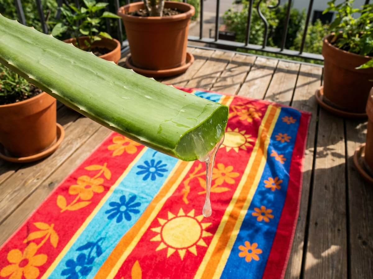 Main appliquant le gel frais d'aloe vera sur une peau rougie par le soleil
