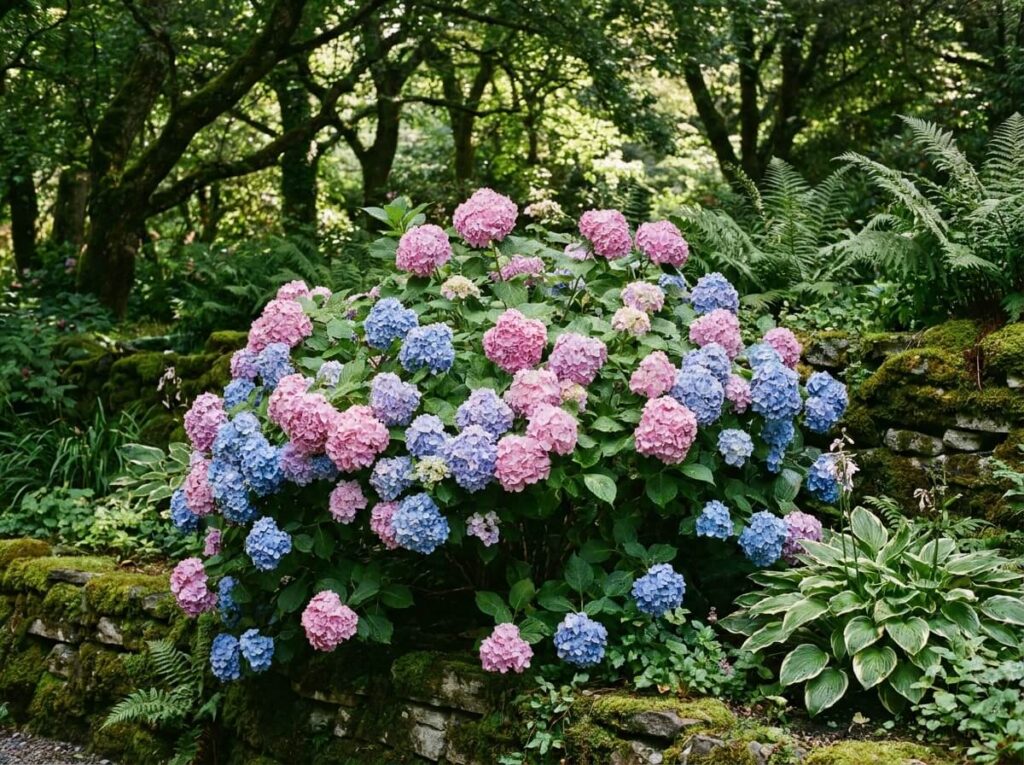 Hortensia à grandes fleurs roses et bleues en pleine floraison estivale dans un jardin ombragé