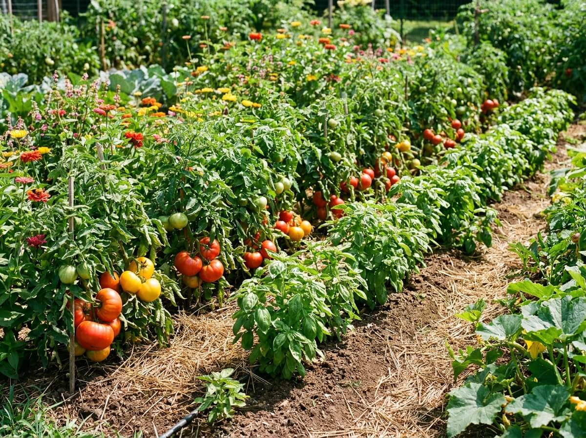 Mains de jardinier plantant des semis de basilic au pied d'un plant de tomate dans un carré potager