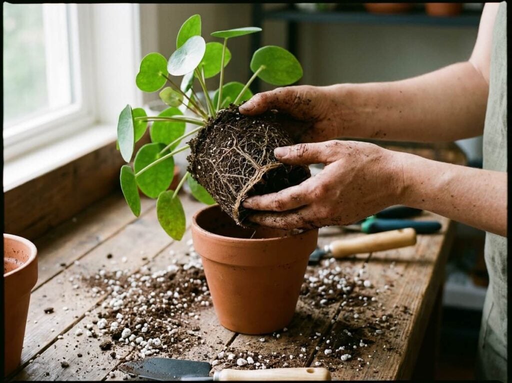 Mains de jardinier sortant délicatement une plante d'intérieur de son pot pour la rempoter sur une table en bois