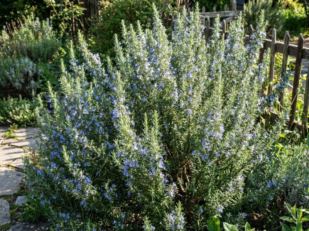 Romarin en pleine floraison bleue au jardin en été, tiges denses et feuillage vert argenté éclatant sous le soleil
