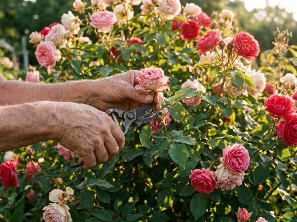 Mains de jardinier coupant une rose fanée aux sécateurs sur un rosier buisson en pleine floraison estivale, lumière dorée du matin