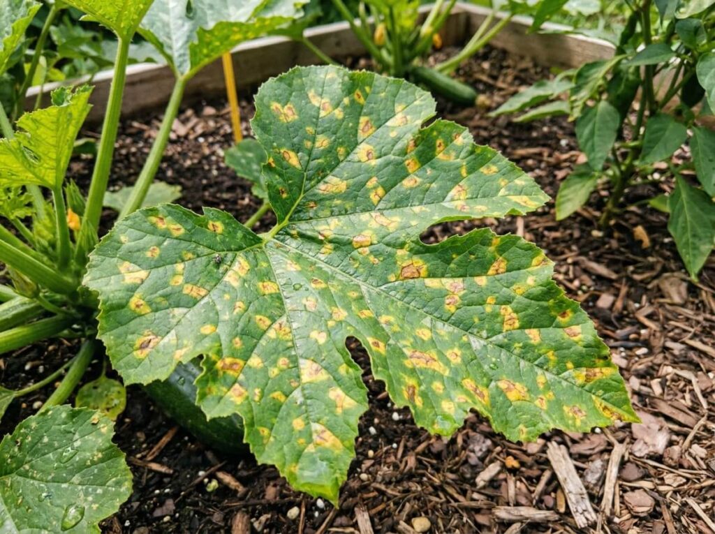 feuille de courgette avec taches jaunes angulaires suspectes au potager en été