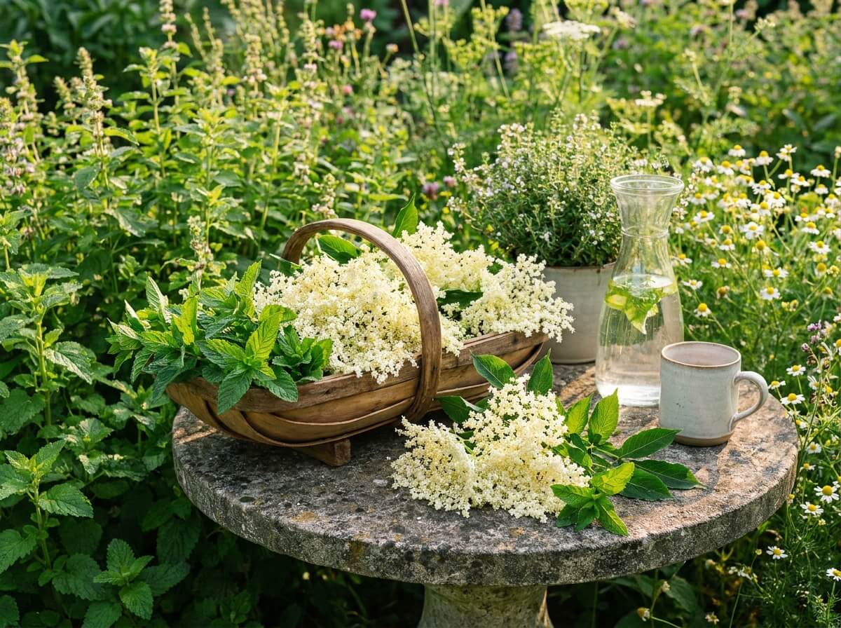 fleurs de sureau et feuilles de menthe fraîches récoltées dans un jardin d'été verdoyant