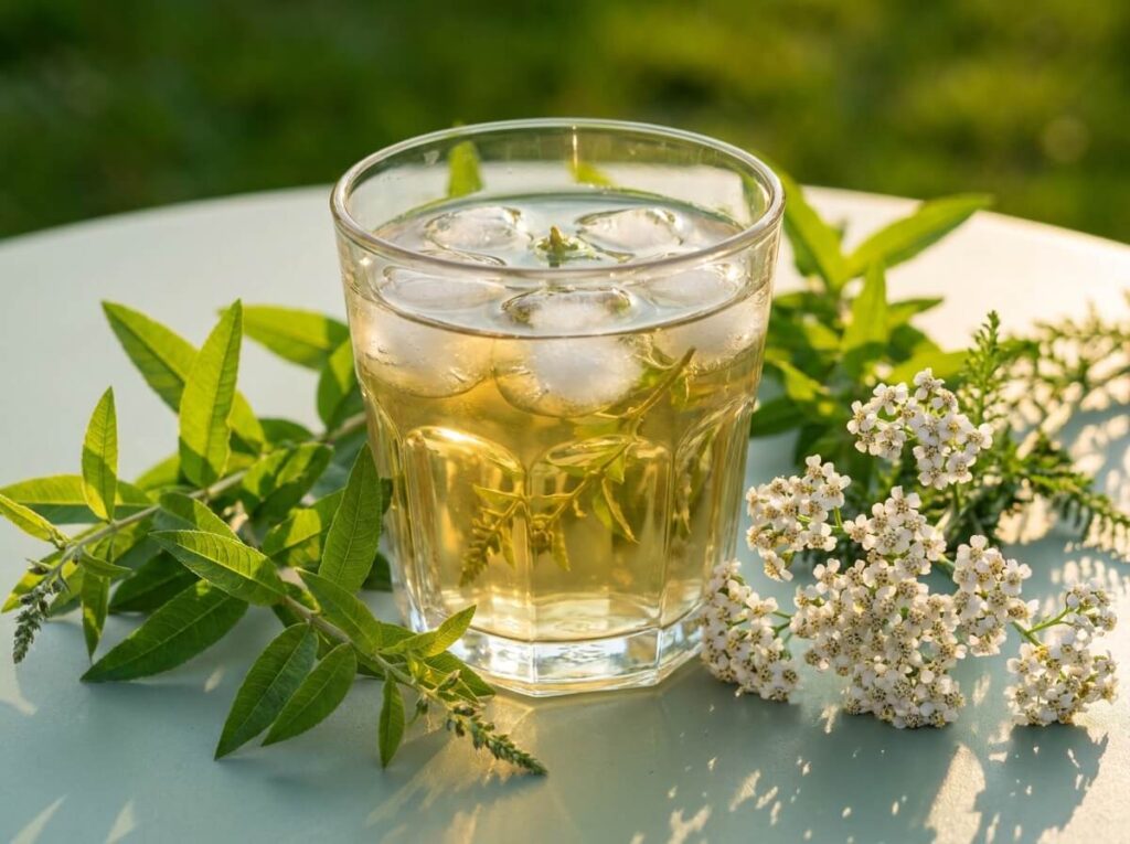 tisane froide de verveine et achillée millefeuille dans un verre avec glaçons sur table de jardin ensoleillée