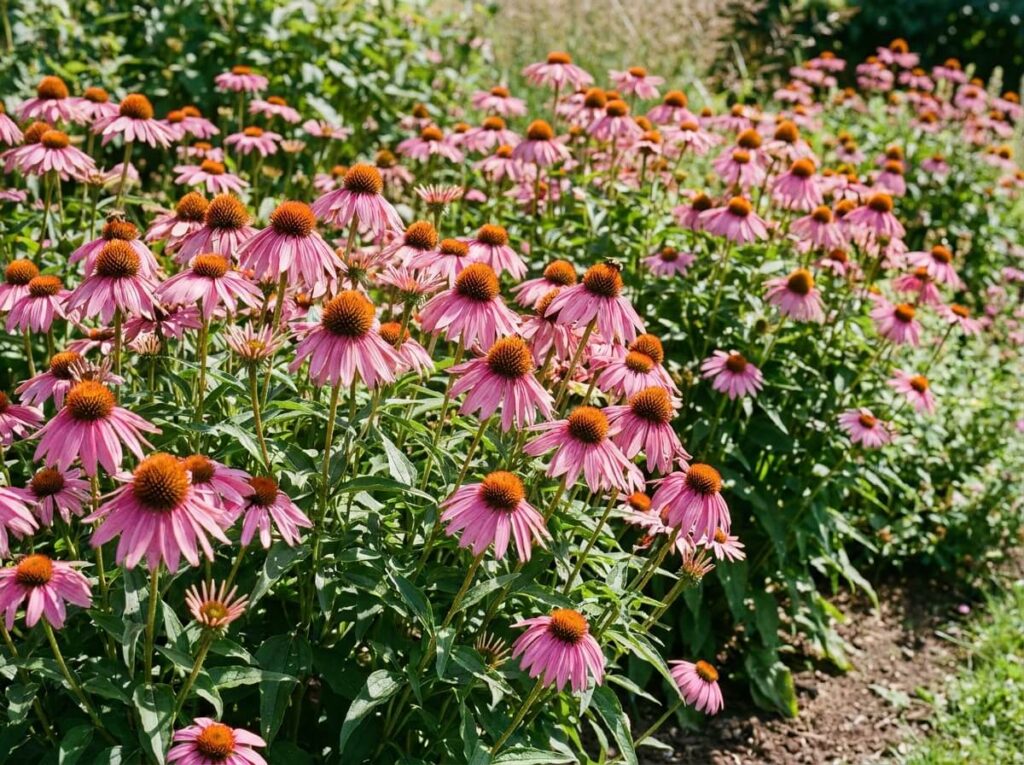 Massif d'échinacées en pleine floraison estivale aux pétales rose vif retombants et cœurs orangés dressés sous le soleil