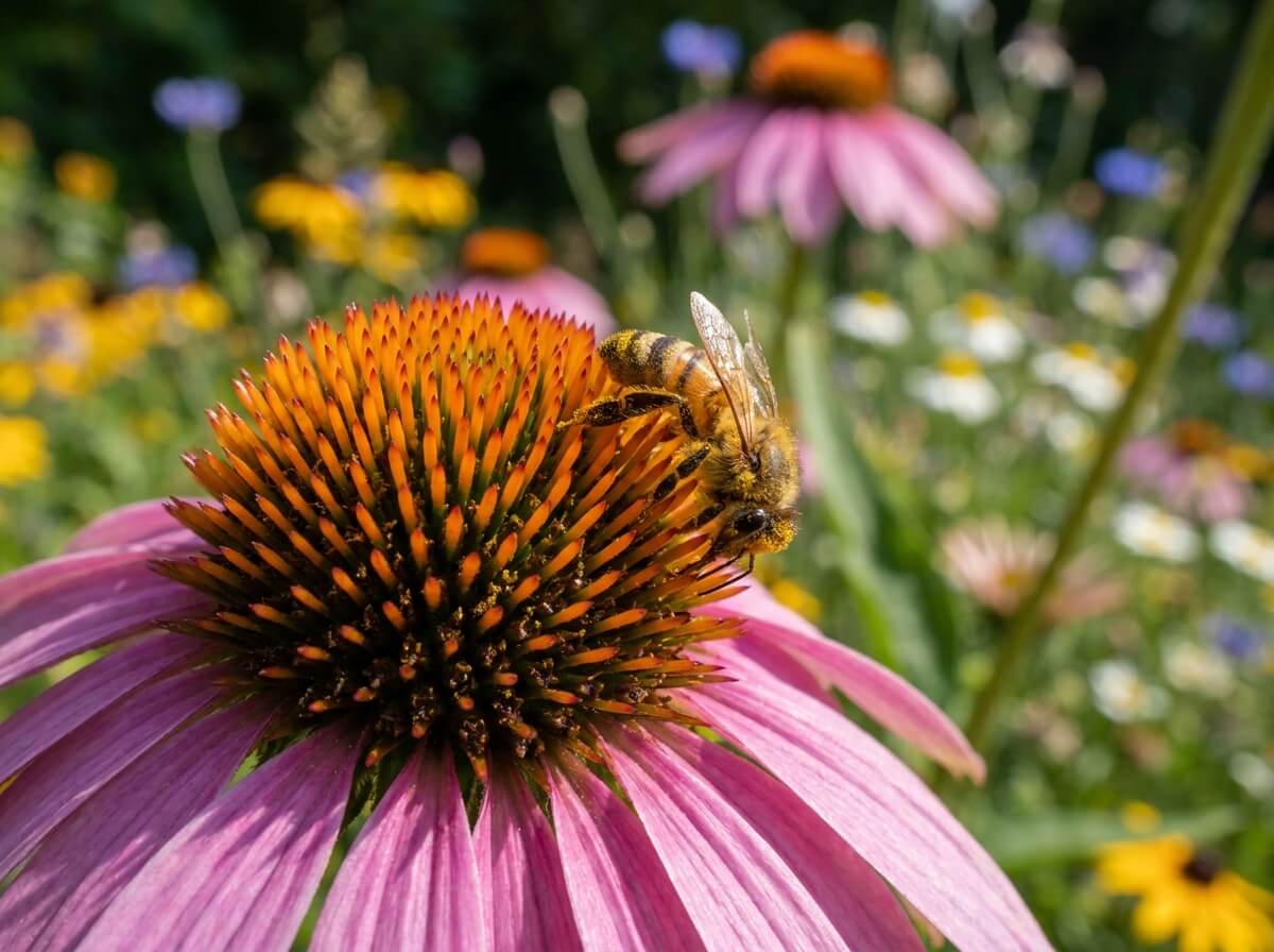 Abeille butinant le cœur épineux d'une échinacée pourpre en gros plan dans un jardin naturel