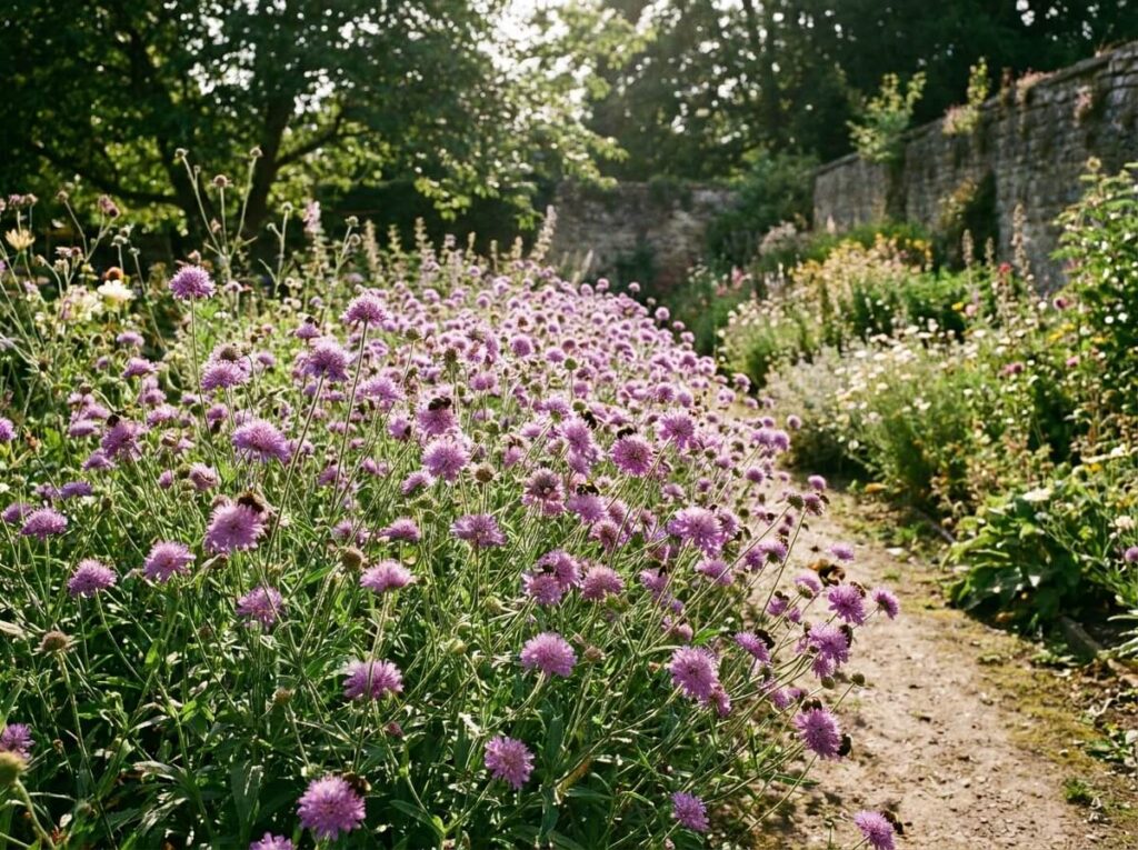 Massif de knauties mauves en pleine floraison estivale avec abeilles butineuses visibles sur les fleurs