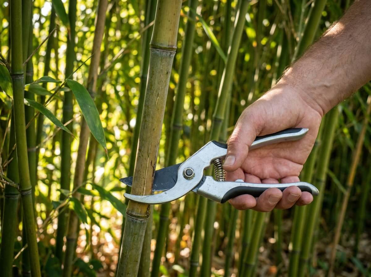 Main taillant une tige de bambou à la base avec un sécateur propre par temps ensoleillé