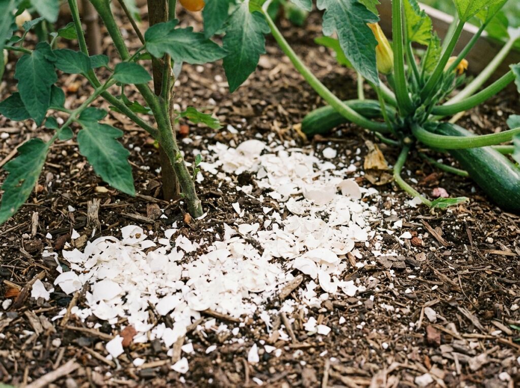 Broyat fin de coquilles d'œufs disposé au pied de légumes au potager