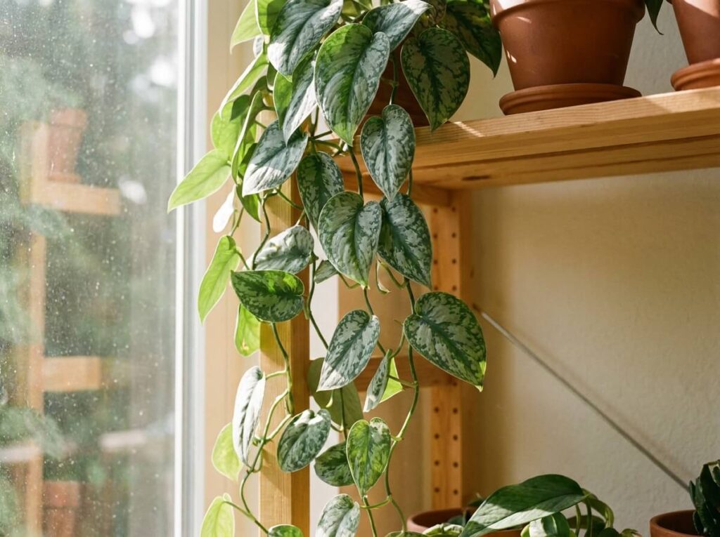 Feuillage marbré argenté du Scindapsus Marble Queen retombant depuis une étagère baignée de lumière estivale