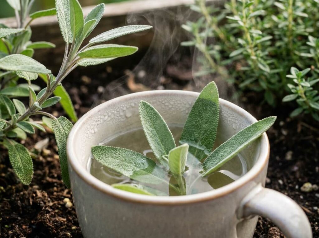 Feuilles de sauge fraîche cueillies au jardin déposées dans une tasse d'eau chaude fumante