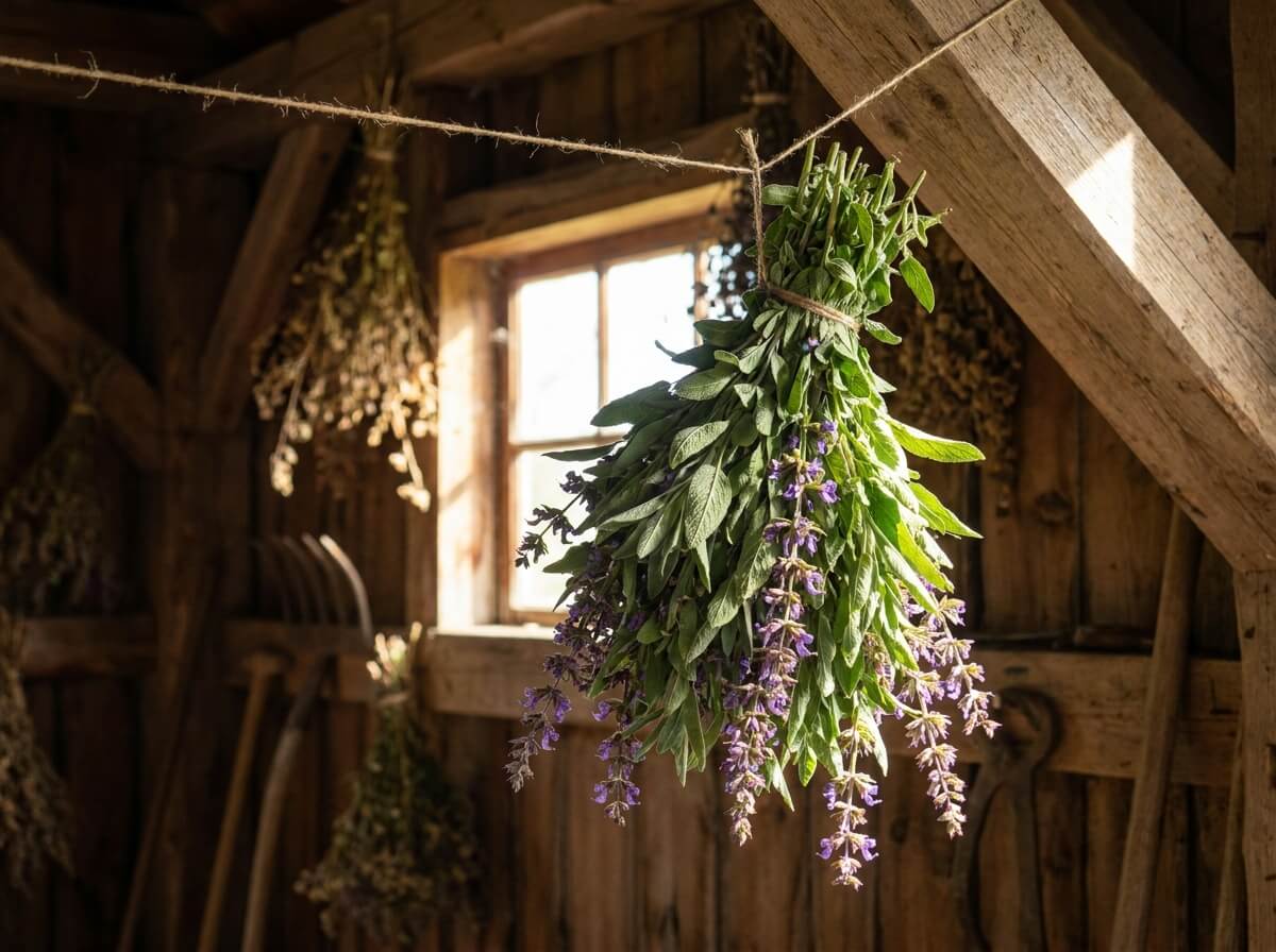 Bouquet de sauge officinale suspendu pour séchage avant préparation en infusion