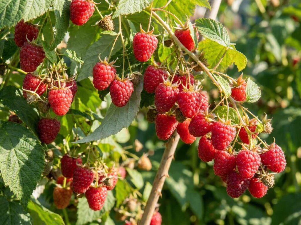 Grappes de framboises rouges gorgées de soleil suspendues à des cannes vigoureuses en plein été