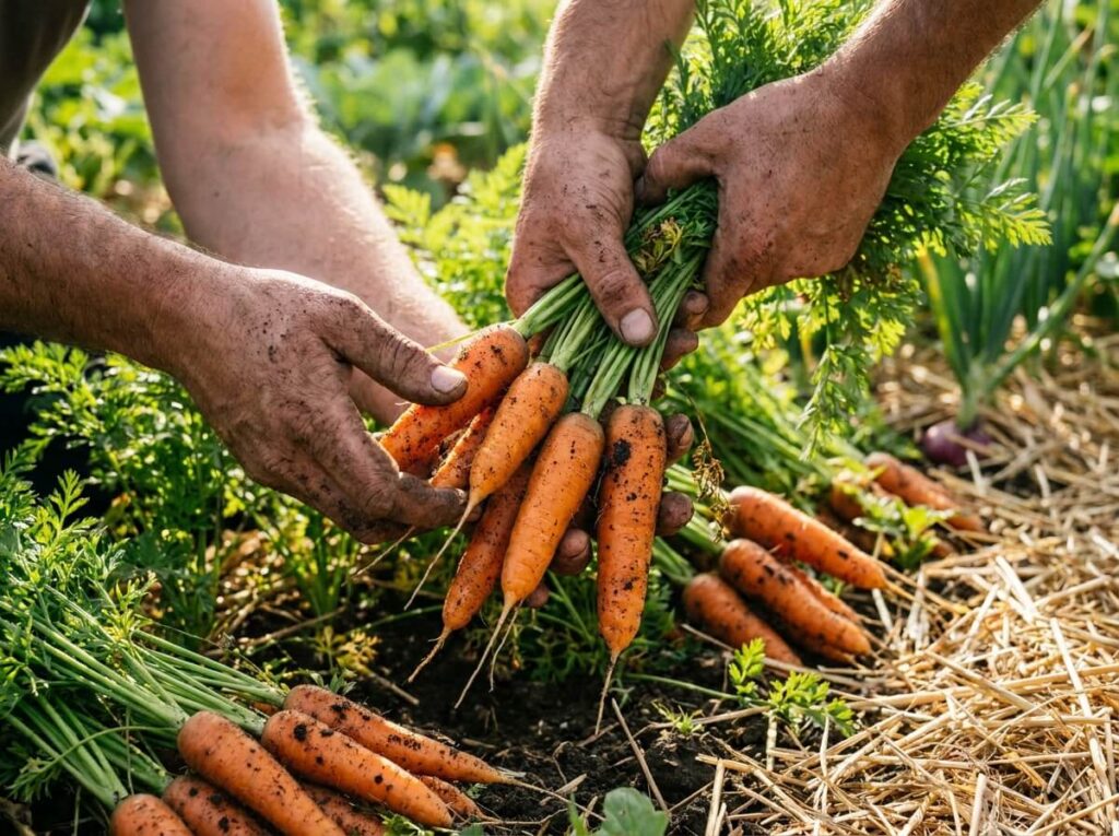 Mains d'un jardinier arrachant une botte de carottes nouvelles orange au potager en été