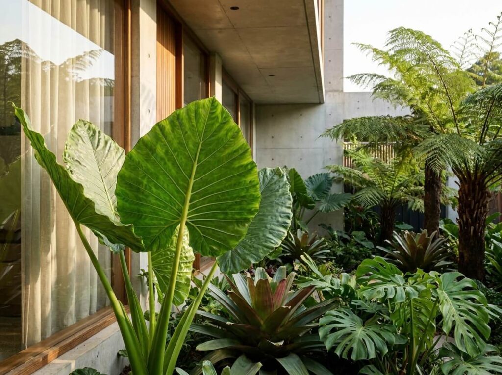 Grande feuille d'Alocasia vert brillant aux nervures marquées déployée près d'une fenêtre lumineuse en été