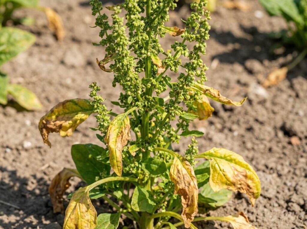 Pied d'épinard monté en graines avec longue tige florale en plein soleil d'été