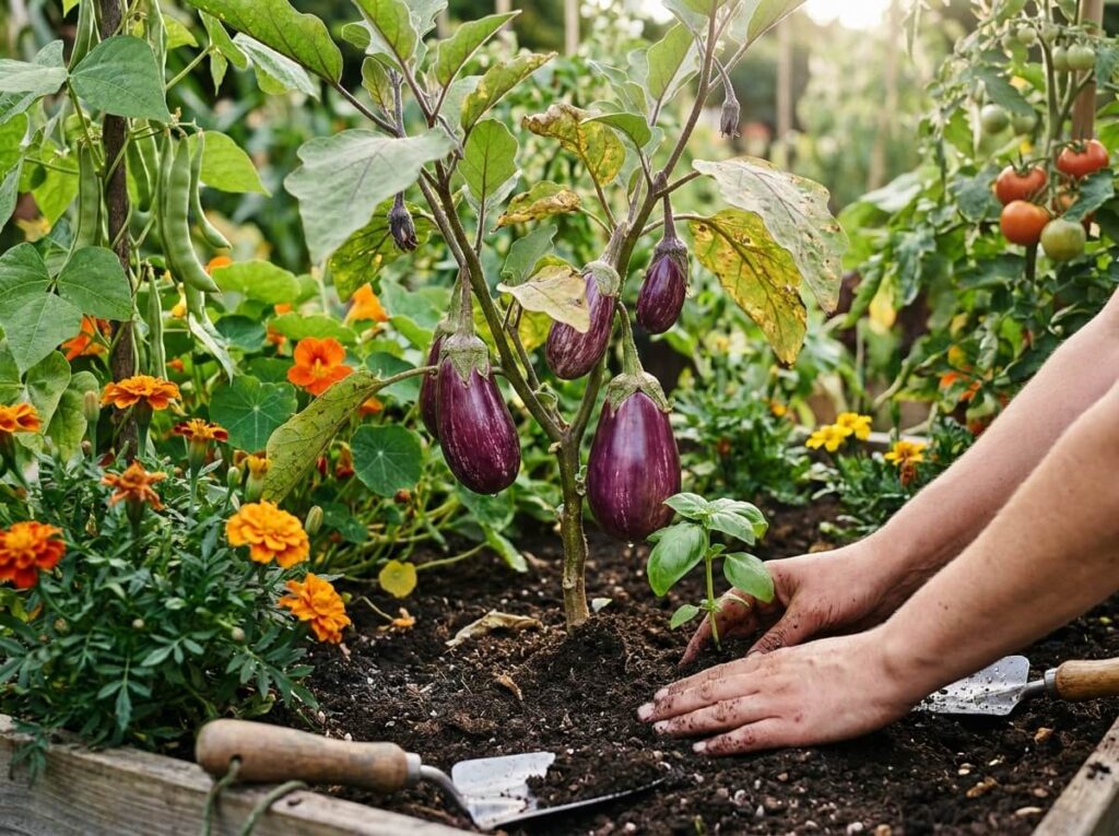 Mains plantant un pied de basilic au pied d'un plant d'aubergine dans un potager d'été