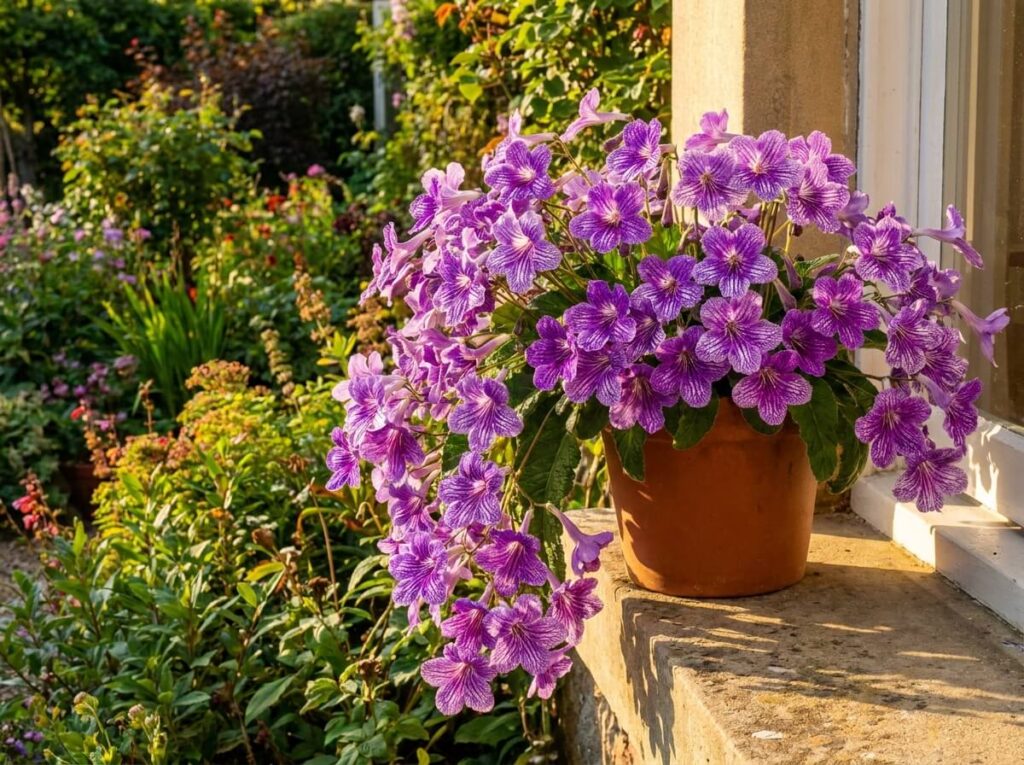 Streptocarpus en pot couvert de fleurs violettes veinées de blanc sur un rebord de fenêtre lumineux